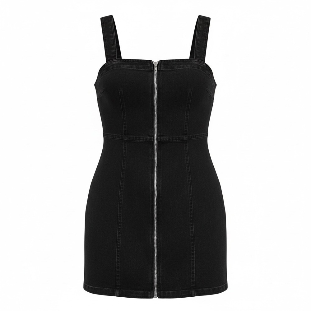 LE LIS COLLECTION Black Denim Zipper Front Pinafore Dress‎ Mini Size M Jumper